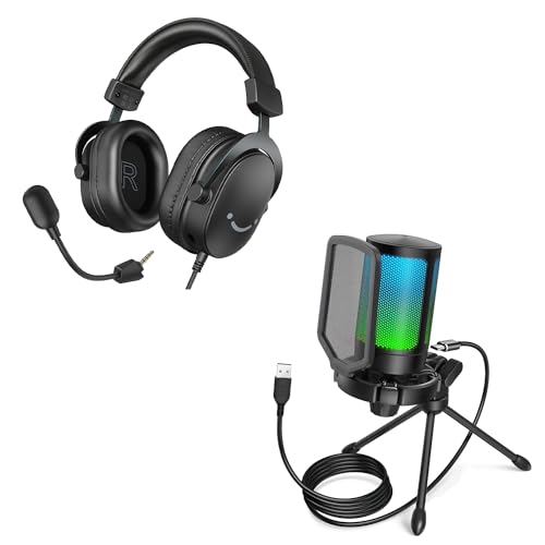 FIFINE Gaming Headset und USB Mikrofon, PC Microphone mit Mikrofon Ständer und Over Ear Kopfhörer mit USB & 3,5 mm Kabel, für Podcast Streaming Studio Mac PS4 PS5 Xbox Switch (A6V+H9) Bild 1