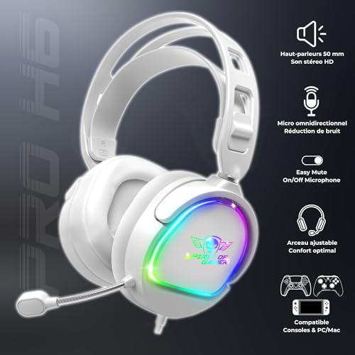 SPIRIT OF GAMER Pro H6 Gaming Headphones, White, Wired, RGB with Microphone | Compatible with PS5, PS4, Xbox, Switch & PC | Stereo 2.0 | USB Output and Jack Plug | Adjustable headban Bild 2