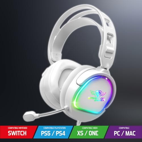 SPIRIT OF GAMER Pro H6 Gaming Headphones, White, Wired, RGB with Microphone | Compatible with PS5, PS4, Xbox, Switch & PC | Stereo 2.0 | USB Output and Jack Plug | Adjustable headban Bild 3