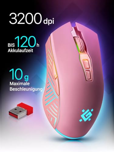 Defender® Pandora Kabellose Gaming Maus - Geräuschlose Klicks - 5 programmierbare Tasten - RGB-Beleuchtung(On/Off) - bis zu 120 hrs Akkulaufzeit - Wireless Gamer Maus für PC, Mac, Laptop, Rosa Bild 2