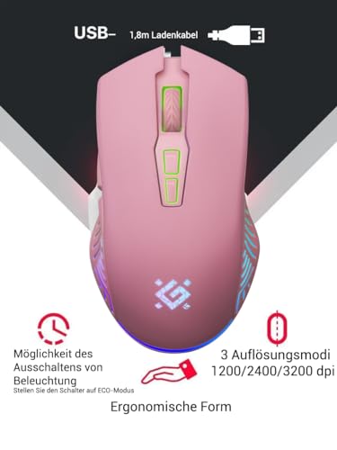 Defender® Pandora Kabellose Gaming Maus - Geräuschlose Klicks - 5 programmierbare Tasten - RGB-Beleuchtung(On/Off) - bis zu 120 hrs Akkulaufzeit - Wireless Gamer Maus für PC, Mac, Laptop, Rosa Bild 3