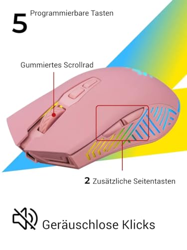 Defender® Pandora Kabellose Gaming Maus - Geräuschlose Klicks - 5 programmierbare Tasten - RGB-Beleuchtung(On/Off) - bis zu 120 hrs Akkulaufzeit - Wireless Gamer Maus für PC, Mac, Laptop, Rosa Bild 4