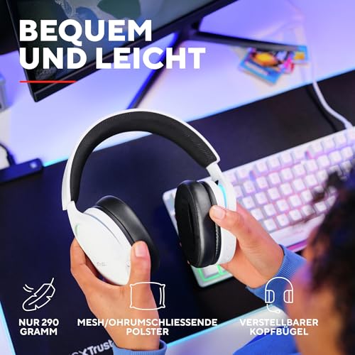 Trust Gaming GXT 491W Fayzo Gaming Headset Bluetooth + 2.4 GHz, 7.1 Surround Sound, 22H Akkulaufzeit, 35% Recyclingkunststoff RGB Over-Ear Kopfhörer Kabellos Bluetooth PC PS5 PS4 Switch, Weiß Bild 6