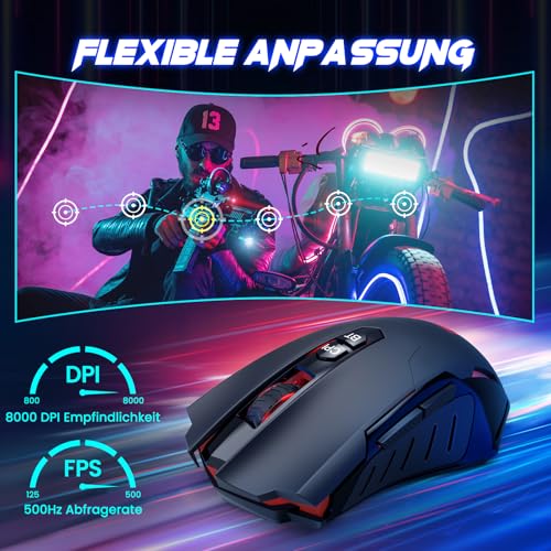 RisoPhy Gaming Maus Kabellos, Gaming Mouse Wireless mit 7 Programmierbare Tasten und 5 Einstellbare DPI (800-8000) 2.4G/Bluetooth, RGB-Beleuchtung Computer Maus, Ergonomische Maus für PC/Mac Gamer Bild 3