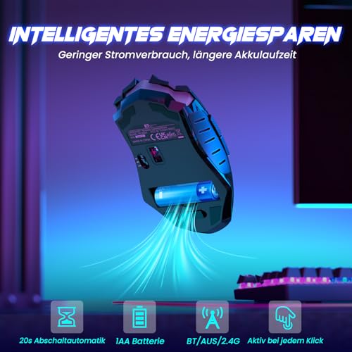 RisoPhy Gaming Maus Kabellos, Gaming Mouse Wireless mit 7 Programmierbare Tasten und 5 Einstellbare DPI (800-8000) 2.4G/Bluetooth, RGB-Beleuchtung Computer Maus, Ergonomische Maus für PC/Mac Gamer Bild 6