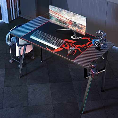 Einfacher Gaming-Schreibtisch, R-förmiger Gamer-Arbeitsplatz, Getränkehalter, Headset-Haken – robuster Computertisch aus Metall und Holz für PC, großer Computertisch für Zuhause und Büro, L Bild 2