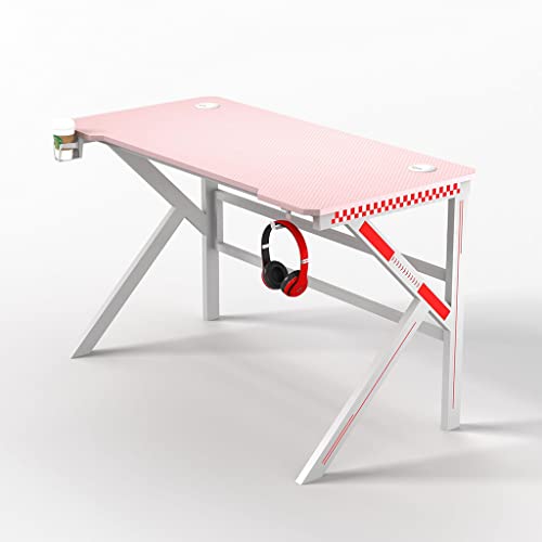 RGB-Gaming-Schreibtisch, Computertisch, Gaming-Tisch, ergonomische PC-Gaming-Workstation, Getränkehalter, Headset-Haken – Stabiler Computertisch aus Metall und Holz, rosa, L 80 cm Bild 1