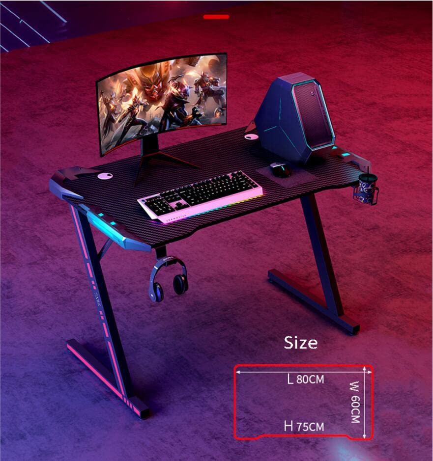 Gaming-Schreibtisch mit LED-Leuchten, Steckdosen, ergonomischer Gaming-Schreibtisch für PC, Z-förmiger Computer-Arbeitsplatz, Getränkehalter, Headset-Haken für stabiles Metall und Holz, L 12 Bild 3
