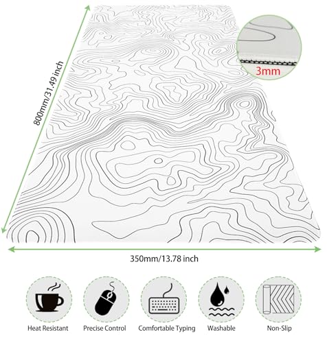Niviy Mauspad Gaming XXL Weiß Minimalistische Topografische Karten Schreibtischunterlage,Mousepad mit Gummi Anti Rutsch Verbessert Präzision und Geschwindigkeit,Mauspad für Büro,Zuhause 800x350mm Bild 3