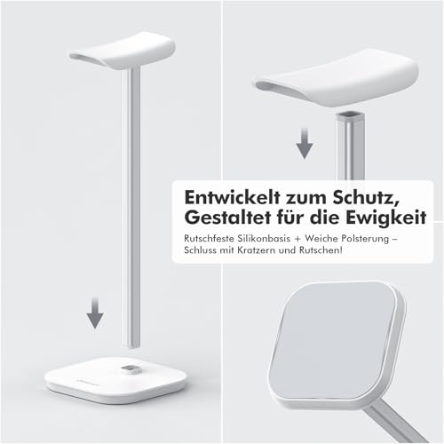 Headset Halterung, Kopfhörer Ständer für Alle Over Ear Bluetooth Kopfhörer, Universal Kopfhörer Halter mit Gewichtete Basis + Aluminiumrohr, Gaming Headset Halter Schreibtisch Zubehör (Weiß) Bild 4
