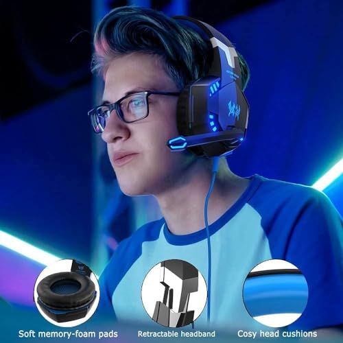 Laspi Gaming Headset für PS4 PC Xbox One, Professional Kopfhörer mit Mikrofon für Laptop/Mac/Tablet/Smartphone mit LED Licht 3.5mm Surround Sound Noise Cancelling Bild 6