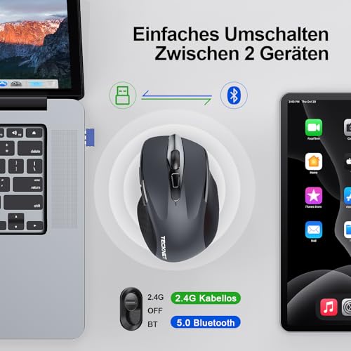 TECKNET Bluetooth Maus, 4800 DPI Kabellos Ergonomische Maus (Tri-Modi: BT 5.0/3.0+2.4G), 30 Monate Batterielaufzeit, Leise Funkmaus für Laptop PC Computer, Windows, Mac OS, Android Bild 2