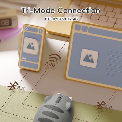 Akko Niedliche kabellose Maus mit Katzenmotiv, Gaming-Maus, Tri-Mode-Verbindung Bluetooth 3.0/5.0/2.4G USB-A-Empfänger, leiser klick, niedliche kabellose Cartoon-Mäuse für Laptop/PC (Grau Mimo) Bild 2