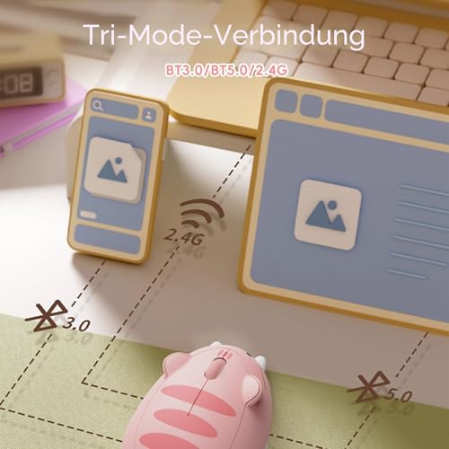 Akko Niedliche kabellose Maus mit Katzenmotiv, rosa Maus, Tri-Mode-Mäuse Bluetooth 3.0/5.0/2.4G USB-A-Empfänger, leiser klick, niedliche kabellose Cartoon-Mäuse für Laptop/Desktop/PC (Pink Angie) Bild 2