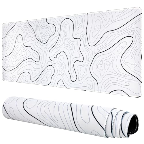 Gaming Mauspad Topographische Lange Mousepad Große 31.5 X 11.8 Zoll Schreibtischunterlage Matte mit rutschfester Basis genähte Rand Tastatur Matte für Büro Schreibtisch Unterlegmatte (Weiß) Bild 1