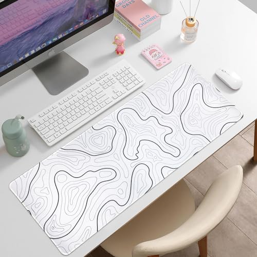 Gaming Mauspad Topographische Lange Mousepad Große 31.5 X 11.8 Zoll Schreibtischunterlage Matte mit rutschfester Basis genähte Rand Tastatur Matte für Büro Schreibtisch Unterlegmatte (Weiß) Bild 2