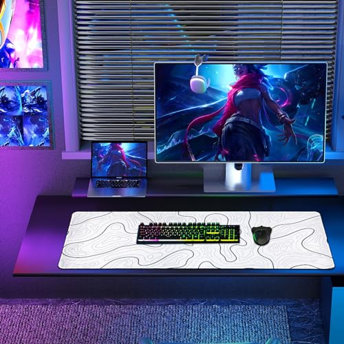 Gaming Mauspad Topographische Lange Mousepad Große 31.5 X 11.8 Zoll Schreibtischunterlage Matte mit rutschfester Basis genähte Rand Tastatur Matte für Büro Schreibtisch Unterlegmatte (Weiß) Bild 4