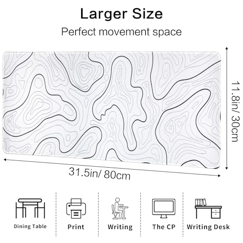 Gaming Mauspad Topographische Lange Mousepad Große 31.5 X 11.8 Zoll Schreibtischunterlage Matte mit rutschfester Basis genähte Rand Tastatur Matte für Büro Schreibtisch Unterlegmatte (Weiß) Bild 5
