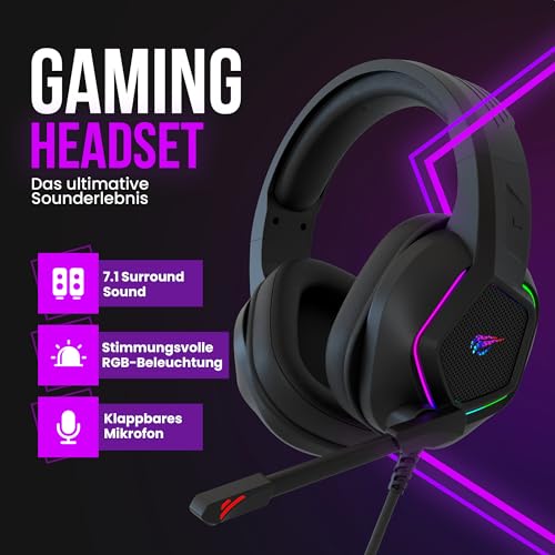 Strex Gaming Headset mit Mikrofon & RGB Beleuchtung - 7.1 Surround Sound - geeignet für PC / PS4 / PS5 / Xbox Bild 2