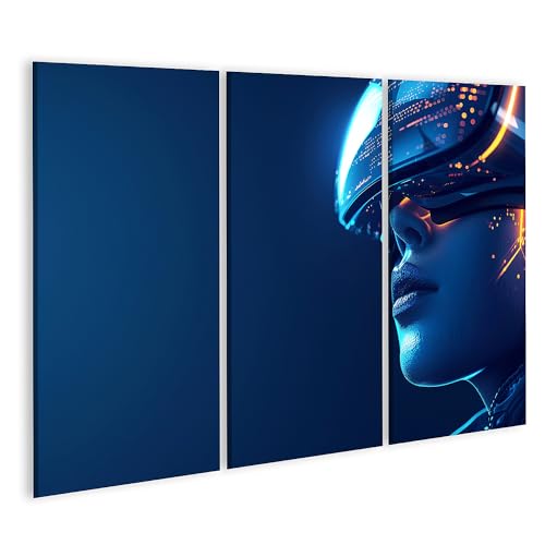 islandburner Bild auf Leinwand Frau in leuchtender Neon-Techno-Welt durch VR-Headset eingetaucht Spielzimmer VR-Gaming Lounge Leinwandbild Bild 1