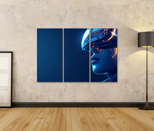 islandburner Bild auf Leinwand Frau in leuchtender Neon-Techno-Welt durch VR-Headset eingetaucht Spielzimmer VR-Gaming Lounge Leinwandbild Bild 2