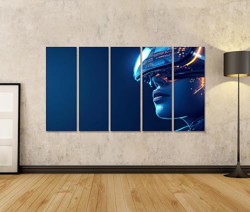 islandburner Bild auf Leinwand Frau in leuchtender Neon-Techno-Welt durch VR-Headset eingetaucht Spielzimmer VR-Gaming Lounge Leinwandbild Bild 2