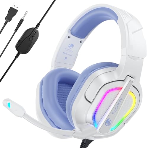 Fachixy FC200 Gaming-Headset für PS4/PS5/PC/Xbox One, Geräuschunterdrückung, Gaming-Kopfhörer, Headset mit Stereo-Mikrofon-Sound mit 3,5-mm-Klinkenstecker mit RGB-Licht - Weiss-LILA Bild 1