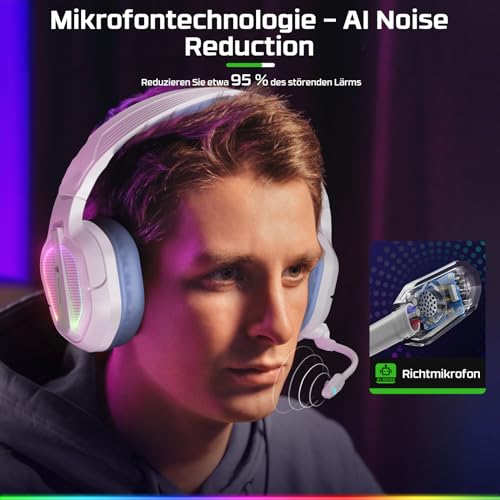 Fachixy FC200 Gaming-Headset für PS4/PS5/PC/Xbox One, Geräuschunterdrückung, Gaming-Kopfhörer, Headset mit Stereo-Mikrofon-Sound mit 3,5-mm-Klinkenstecker mit RGB-Licht - Weiss-LILA Bild 3