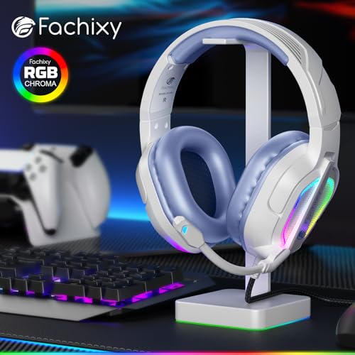 Fachixy FC200 Gaming-Headset für PS4/PS5/PC/Xbox One, Geräuschunterdrückung, Gaming-Kopfhörer, Headset mit Stereo-Mikrofon-Sound mit 3,5-mm-Klinkenstecker mit RGB-Licht - Weiss-LILA Bild 6
