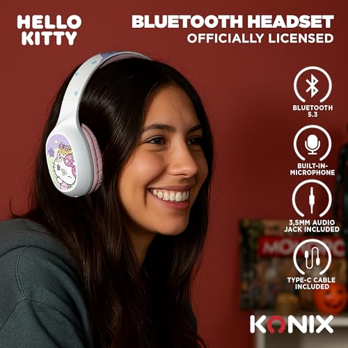 Konix Hello Kitty On-Ear-Kopfhörer kabellos Bluetooth 5.3 PC, Smartphones und Tablets - Mikrofon - 30 Std. Akkulaufzeit - Weiß und Rosa Bild 2