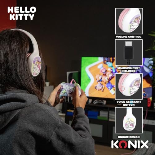 Konix Hello Kitty On-Ear-Kopfhörer kabellos Bluetooth 5.3 PC, Smartphones und Tablets - Mikrofon - 30 Std. Akkulaufzeit - Weiß und Rosa Bild 3