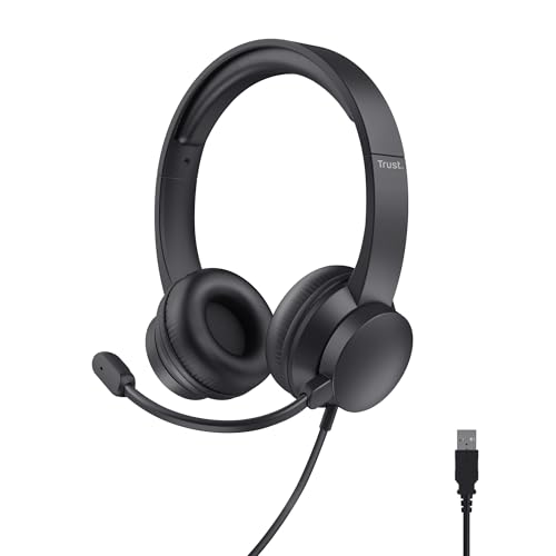 Trust Roha II USB Headset mit Mikrofon On-Ear Leichtes Design, Verstellbarer Kopfbügel, Kopfhörer mit Kabel 1,80 m, Headphones für PC Mac Office Chat Skype Teams Videokonferenz Zoom - Schwarz Bild 1