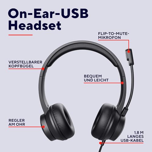 Trust Roha II USB Headset mit Mikrofon On-Ear Leichtes Design, Verstellbarer Kopfbügel, Kopfhörer mit Kabel 1,80 m, Headphones für PC Mac Office Chat Skype Teams Videokonferenz Zoom - Schwarz Bild 2