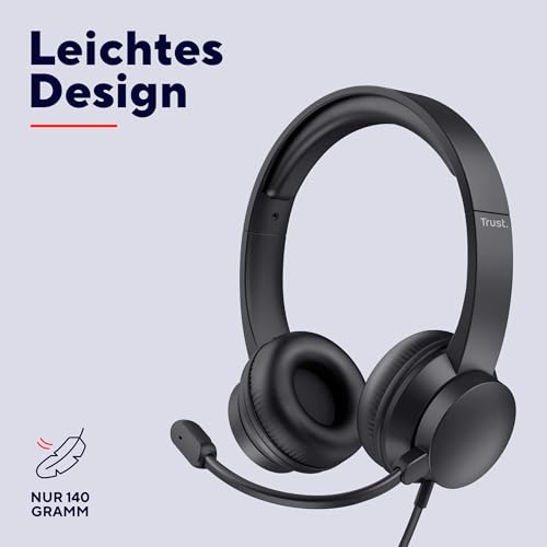 Trust Roha II USB Headset mit Mikrofon On-Ear Leichtes Design, Verstellbarer Kopfbügel, Kopfhörer mit Kabel 1,80 m, Headphones für PC Mac Office Chat Skype Teams Videokonferenz Zoom - Schwarz Bild 4