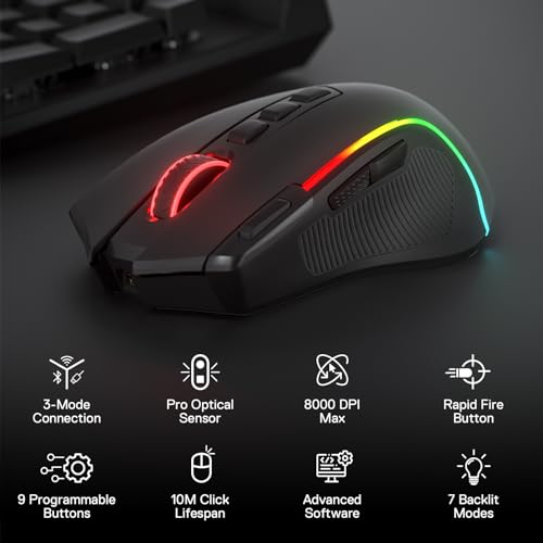 Redragon M612 PRO RGB Gaming Maus 8000 DPI Kabelgebundene/Kabellose Maus mit 9 Programmierbaren Tasten & 6 Hintergrundbeleuchtungsmodi BT & 2.4G Drahtlose Softwareunterstützung Bild 2