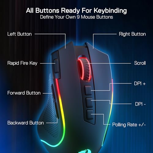 Redragon M612 PRO RGB Gaming Maus 8000 DPI Kabelgebundene/Kabellose Maus mit 9 Programmierbaren Tasten & 6 Hintergrundbeleuchtungsmodi BT & 2.4G Drahtlose Softwareunterstützung Bild 4