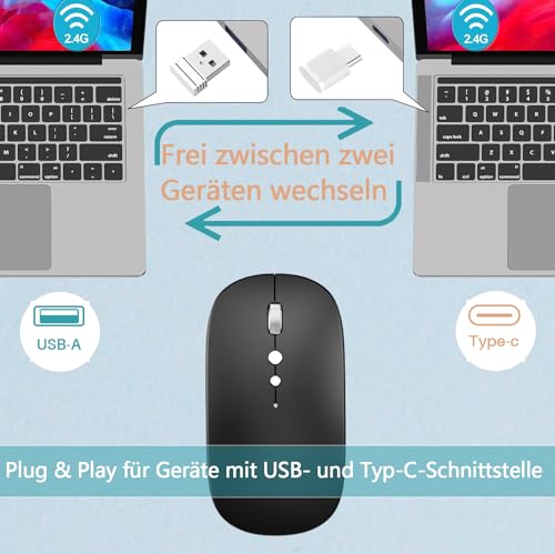Kabellose Maus für Computer Wiederaufladbar, 2,4 GHz kabellos tragbare Mäuse mit USB/USB-C Dualer Empfänger,DPI,Zurück Taste-Kompatibel mit TypeC-Gerät/AppleMacBook Air/Pro,iPad,Tablet,PC (Schwarz) Bild 2