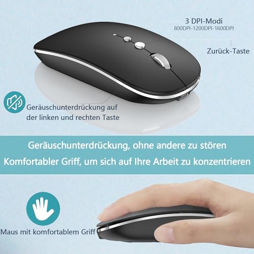 Kabellose Maus für Computer Wiederaufladbar, 2,4 GHz kabellos tragbare Mäuse mit USB/USB-C Dualer Empfänger,DPI,Zurück Taste-Kompatibel mit TypeC-Gerät/AppleMacBook Air/Pro,iPad,Tablet,PC (Schwarz) Bild 3