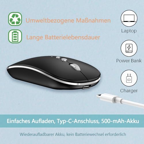 Kabellose Maus für Computer Wiederaufladbar, 2,4 GHz kabellos tragbare Mäuse mit USB/USB-C Dualer Empfänger,DPI,Zurück Taste-Kompatibel mit TypeC-Gerät/AppleMacBook Air/Pro,iPad,Tablet,PC (Schwarz) Bild 4