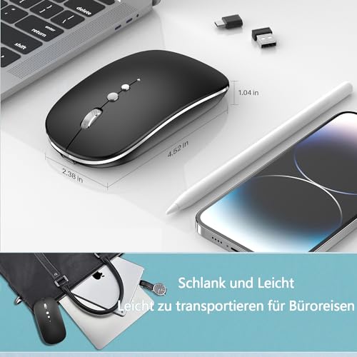 Kabellose Maus für Computer Wiederaufladbar, 2,4 GHz kabellos tragbare Mäuse mit USB/USB-C Dualer Empfänger,DPI,Zurück Taste-Kompatibel mit TypeC-Gerät/AppleMacBook Air/Pro,iPad,Tablet,PC (Schwarz) Bild 5