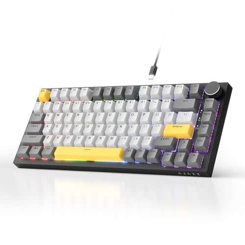 AJAZZ AK820 Wired Mechanical Keyboard, 75% Gaming Keyboard with Volume Control Knob, QWERTY Layout, 82 Keys, Five-Layer Sound Insulation Pad, South-Oriented RGB, Full-Key Hot Swap, Grey White Yellow Bild 1