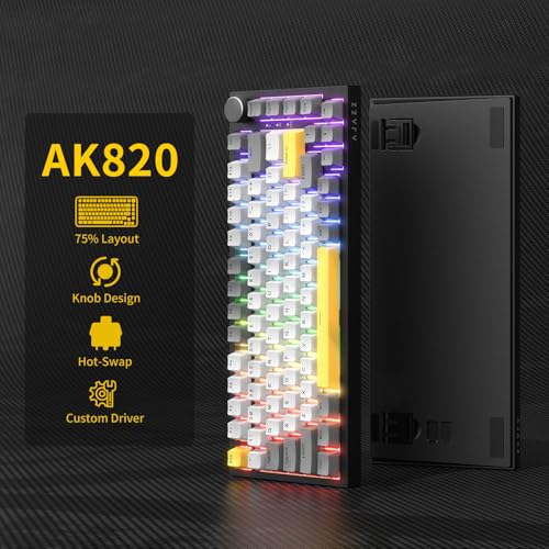 AJAZZ AK820 Wired Mechanical Keyboard, 75% Gaming Keyboard with Volume Control Knob, QWERTY Layout, 82 Keys, Five-Layer Sound Insulation Pad, South-Oriented RGB, Full-Key Hot Swap, Grey White Yellow Bild 2