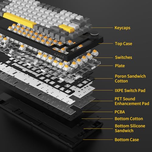 AJAZZ AK820 Wired Mechanical Keyboard, 75% Gaming Keyboard with Volume Control Knob, QWERTY Layout, 82 Keys, Five-Layer Sound Insulation Pad, South-Oriented RGB, Full-Key Hot Swap, Grey White Yellow Bild 6
