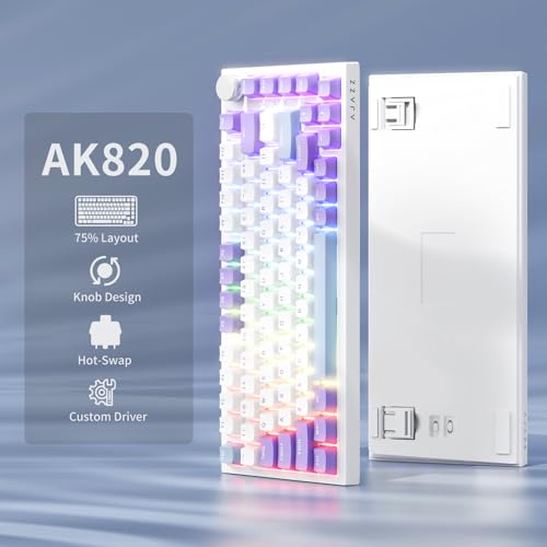 AJAZZ AK820 Wired Mechanical Keyboard, 75% Gaming Keyboard with Volume Control Knob, QWERTY Layout, 82 Keys, Five-Layer Sound Insulation Pad, South-Oriented RGB, Full-Key Hot Swap, Blue White Purple Bild 2