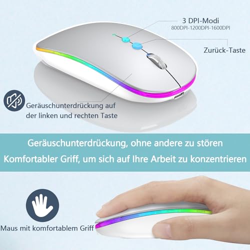 LED Kabellos Maus für Computer,Tragbare PC FunkMaus Wiederaufladbar mit 2,4GHz USB/USB-C Dual Empfänger, DPI,Zurück Taste -kompatibel mit TypeC-Geräten/AppleMacBook Air/Pro,iPad,Laptop,Tablet(Silber) Bild 2