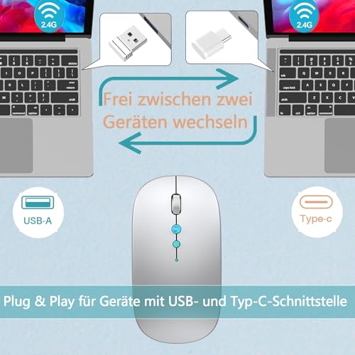 LED Kabellos Maus für Computer,Tragbare PC FunkMaus Wiederaufladbar mit 2,4GHz USB/USB-C Dual Empfänger, DPI,Zurück Taste -kompatibel mit TypeC-Geräten/AppleMacBook Air/Pro,iPad,Laptop,Tablet(Silber) Bild 3