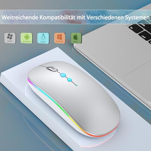 LED Kabellos Maus für Computer,Tragbare PC FunkMaus Wiederaufladbar mit 2,4GHz USB/USB-C Dual Empfänger, DPI,Zurück Taste -kompatibel mit TypeC-Geräten/AppleMacBook Air/Pro,iPad,Laptop,Tablet(Silber) Bild 4