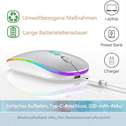 LED Kabellos Maus für Computer,Tragbare PC FunkMaus Wiederaufladbar mit 2,4GHz USB/USB-C Dual Empfänger, DPI,Zurück Taste -kompatibel mit TypeC-Geräten/AppleMacBook Air/Pro,iPad,Laptop,Tablet(Silber) Bild 5