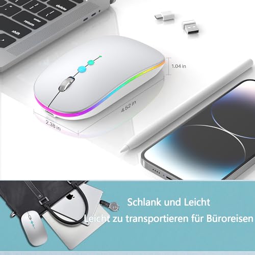 LED Kabellos Maus für Computer,Tragbare PC FunkMaus Wiederaufladbar mit 2,4GHz USB/USB-C Dual Empfänger, DPI,Zurück Taste -kompatibel mit TypeC-Geräten/AppleMacBook Air/Pro,iPad,Laptop,Tablet(Silber) Bild 6