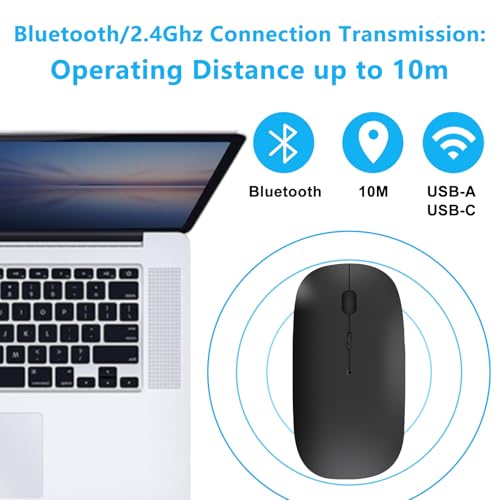 Bluetooth Kabellose Maus für MacBook Air Mac Pro Laptop Computer iPad PC Optische wiederaufladbare leise Funkmaus mit Dual Mode Switch Maus Bluetooth5.2/3.0 und 2.4GHz USB Typ-C Empfänger,Schwarz Bild 2